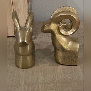 Pair of West Elm Ram Head Bookends Brass Finish Bighorn Sheep